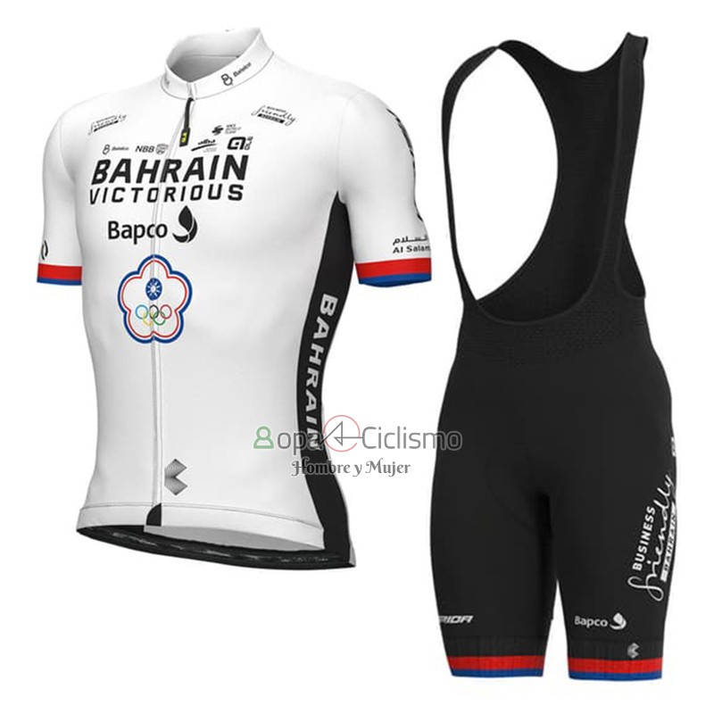 Bahrain Victorious Ropa Ciclismo Culotte Corto 2023 Hombre Mangas Cortas Blanco